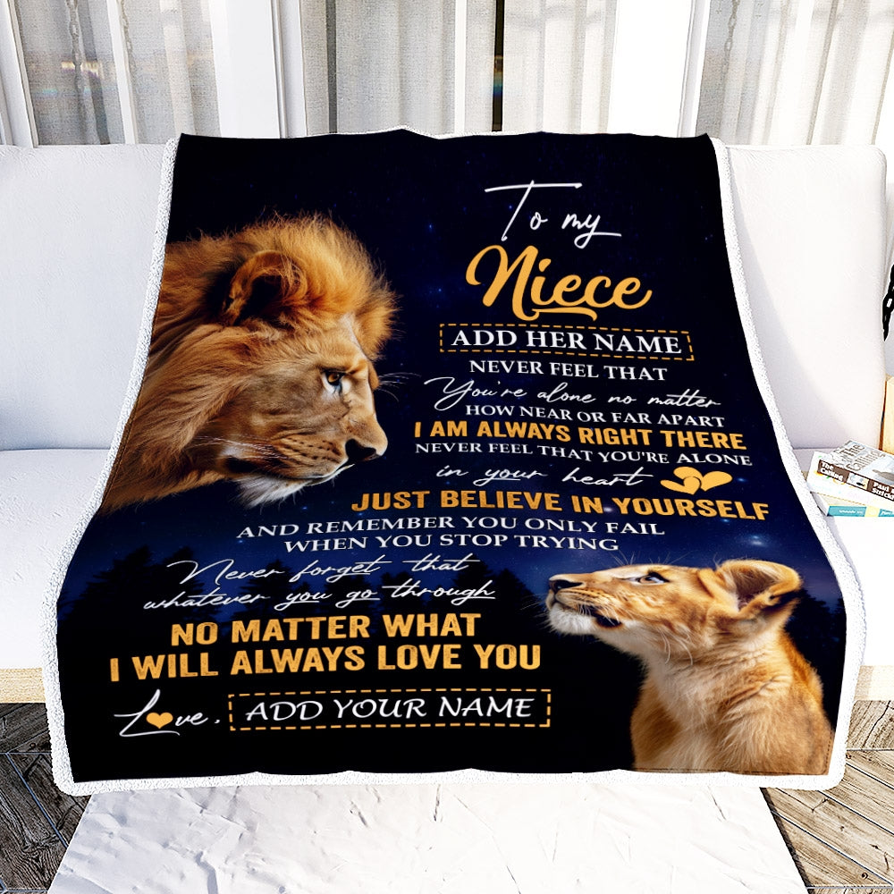 Personalized To My Niece Gifts From Uncle Blanket Lion Never Feel Alone Birthday Gifts Niece Graduation Valentines Ideas Christmas Custom Fleece Throw Blanket | siriusteestore