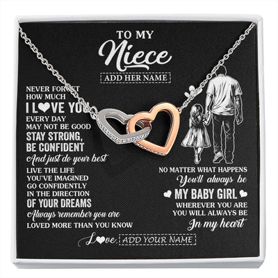 Interlocking Hearts Necklace Stainless Steel & Rose Gold Finish | 1 | Personalized To My Niece Gifts From Uncle Necklace Never Forget How Much I Love You Niece Birthday Graduation Christmas Custom Gift Box Message Card | https://siriusteestore.