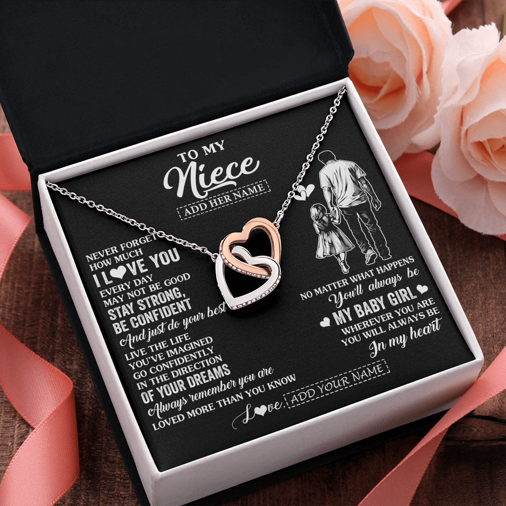 Interlocking Hearts Necklace Stainless Steel & Rose Gold Finish | 2 | Personalized To My Niece Gifts From Uncle Necklace Never Forget How Much I Love You Niece Birthday Graduation Christmas Custom Gift Box Message Card | https://siriusteestore.