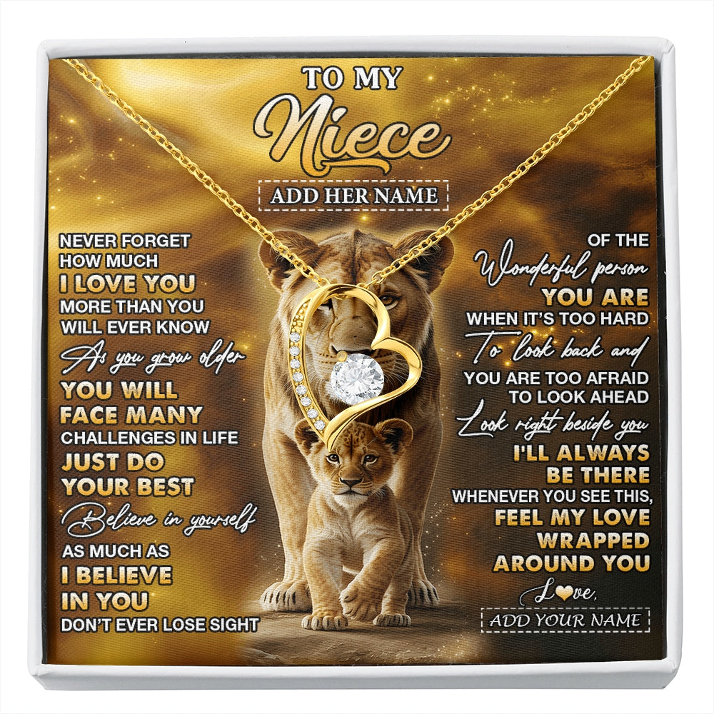 Forever Love Necklace 18K Yellow Gold Finish | 1 | Personalized To My Niece Gifts Necklace From Aunt Auntie Never Forget How Much I Love You Lion Niece Birthday Gifts Christmas Custom Gift Box Message Card | https://siriusteestore.