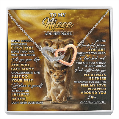 Interlocking Hearts Necklace Stainless Steel & Rose Gold Finish | 1 | Personalized To My Niece Gifts Necklace From Aunt Auntie Never Forget How Much I Love You Lion Niece Birthday Gifts Christmas Custom Gift Box Message Card | https://siriusteestore.