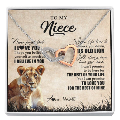 Interlocking Hearts Necklace Stainless Steel & Rose Gold Finish | Personalized To My Niece Gifts Necklace From Aunt Old Lion Niece Jewelry Birthday Gifts Graduation Christmas Customized Gift Box Message Card | siriusteestore