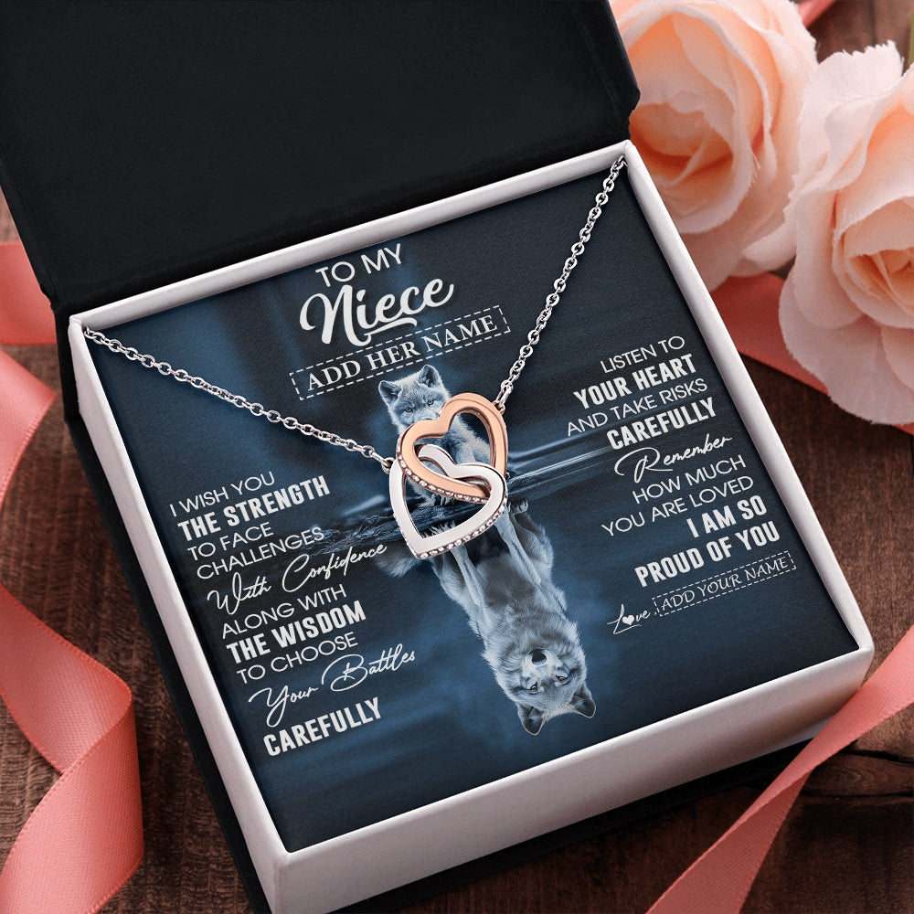 Interlocking Hearts Necklace Stainless Steel & Rose Gold Finish | 2 | Personalized To My Niece Gifts Necklace From Aunt Uncle Auntie I Wish You The Strength Wolf Niece Birthday Gifts Christmas Graduation Gift Box Message Card | https://siriusteestore.