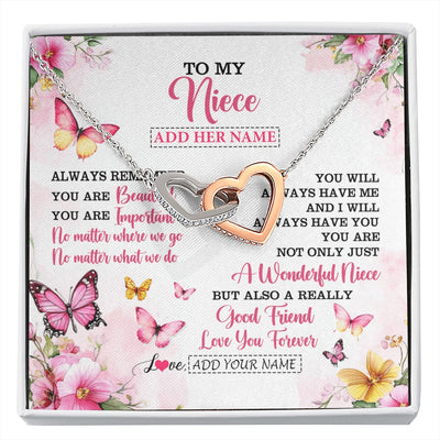 Interlocking Hearts Necklace Stainless Steel & Rose Gold Finish | 1 | Personalized To My Niece Gifts Necklace From Aunt Uncle Auntie You Are Beautiful Birthday Gifts For Niece Graduation Christmas Custom Gift Box Message Card | https://siriusteestore.