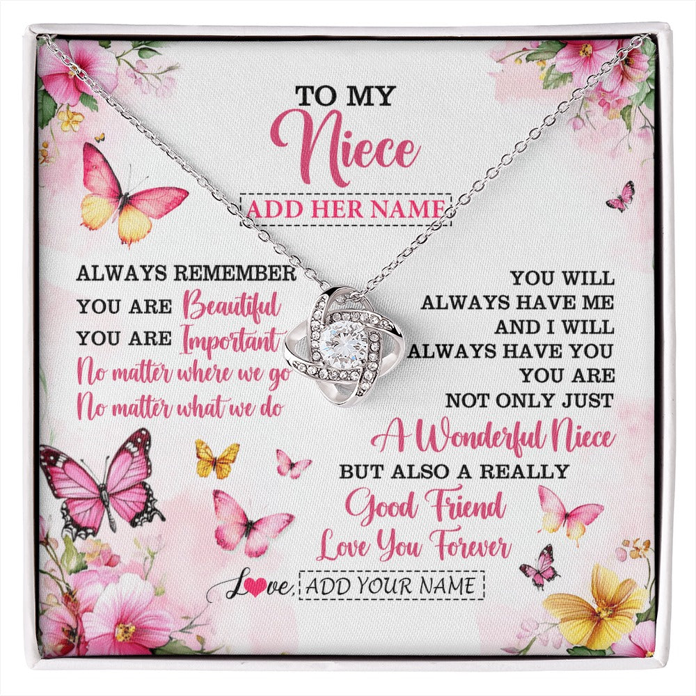 Love Knot Necklace 14K White Gold Finish | 1 | Personalized To My Niece Gifts Necklace From Aunt Uncle Auntie You Are Beautiful Birthday Gifts For Niece Graduation Christmas Custom Gift Box Message Card | https://siriusteestore.