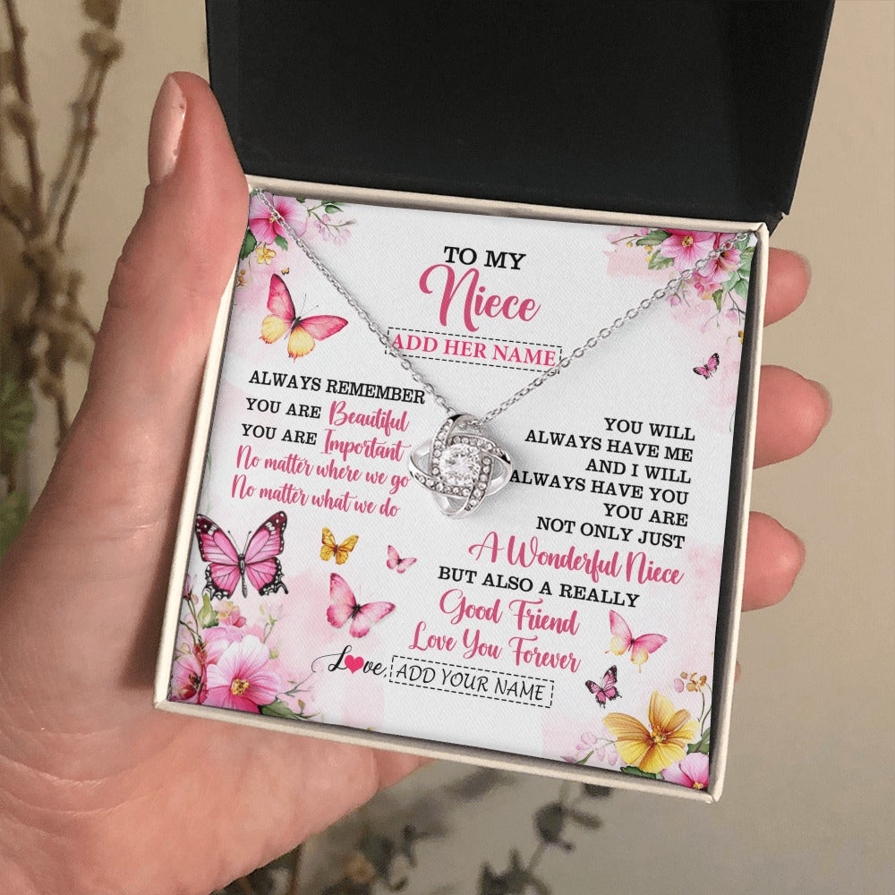 Love Knot Necklace 14K White Gold Finish | 2 | Personalized To My Niece Gifts Necklace From Aunt Uncle Auntie You Are Beautiful Birthday Gifts For Niece Graduation Christmas Custom Gift Box Message Card | https://siriusteestore.
