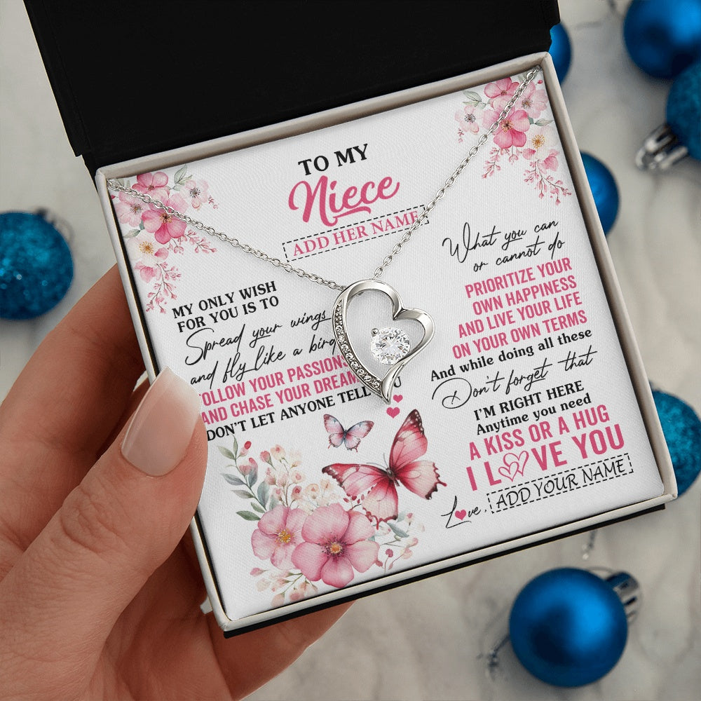 Forever Love Necklace 14K White Gold Finish | 2 | Personalized To My Niece Gifts Necklace From Aunt Uncle Butterfly My Only Wish For You Niece Birthday Gifts Christmas Customized Gift Box Message Card | siriusteestore.myshopify