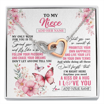 Interlocking Hearts Necklace Stainless Steel & Rose Gold Finish | 1 | Personalized To My Niece Gifts Necklace From Aunt Uncle Butterfly My Only Wish For You Niece Birthday Gifts Christmas Customized Gift Box Message Card | siriusteestore.myshopify