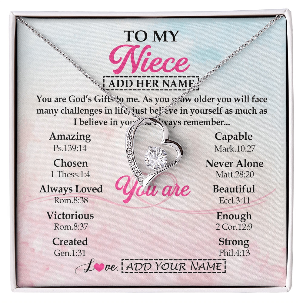 Forever Love Necklace 14K White Gold Finish | 1 | Personalized To My Niece Gifts Necklace From Aunt Uncle Christian Religious Jewelry Gifts For Niece Birthday Graduation Christmas Custom Gift Box Message Card | https://siriusteestore.