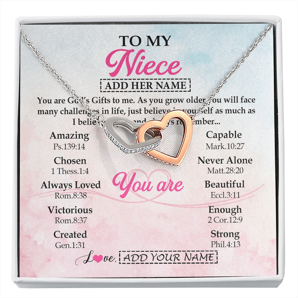 Interlocking Hearts Necklace Stainless Steel & Rose Gold Finish | 1 | Personalized To My Niece Gifts Necklace From Aunt Uncle Christian Religious Jewelry Gifts For Niece Birthday Graduation Christmas Custom Gift Box Message Card | https://siriusteestore.