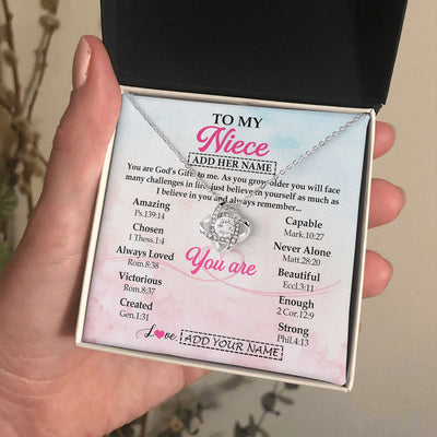 Love Knot Necklace 14K White Gold Finish | 2 | Personalized To My Niece Gifts Necklace From Aunt Uncle Christian Religious Jewelry Gifts For Niece Birthday Graduation Christmas Custom Gift Box Message Card | https://siriusteestore.