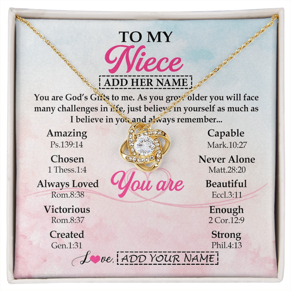 Love Knot Necklace 18K Yellow Gold Finish | 1 | Personalized To My Niece Gifts Necklace From Aunt Uncle Christian Religious Jewelry Gifts For Niece Birthday Graduation Christmas Custom Gift Box Message Card | https://siriusteestore.