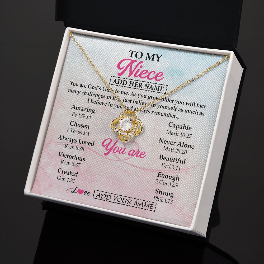 Love Knot Necklace 18K Yellow Gold Finish | 2 | Personalized To My Niece Gifts Necklace From Aunt Uncle Christian Religious Jewelry Gifts For Niece Birthday Graduation Christmas Custom Gift Box Message Card | https://siriusteestore.