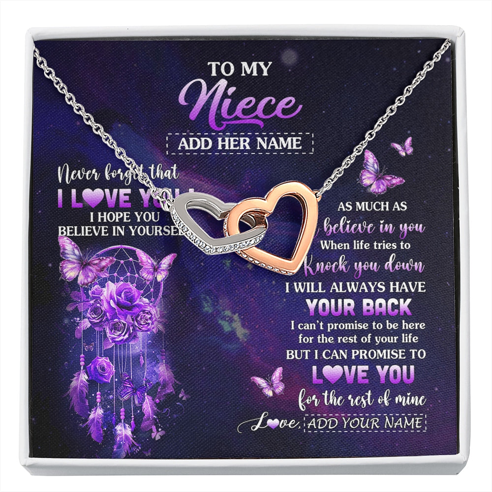 Interlocking Hearts Necklace Stainless Steel & Rose Gold Finish | 1 | Personalized To My Niece Gifts Necklace From Aunt Uncle Floral Butterfly Love You Niece Birthday Gifts Graduation Christmas Custom Gift Box Message Card | https://siriusteestore.