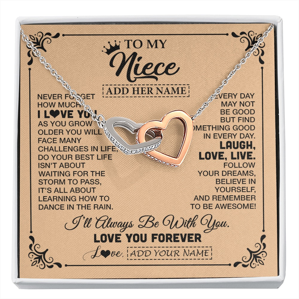 Interlocking Hearts Necklace Stainless Steel & Rose Gold Finish | 1 | Personalized To My Niece Gifts Necklace From Aunt Uncle Never Forget How Much I Love You Niece Birthday Gifts Christmas Customized Gift Box Message Card | https://siriusteestore.