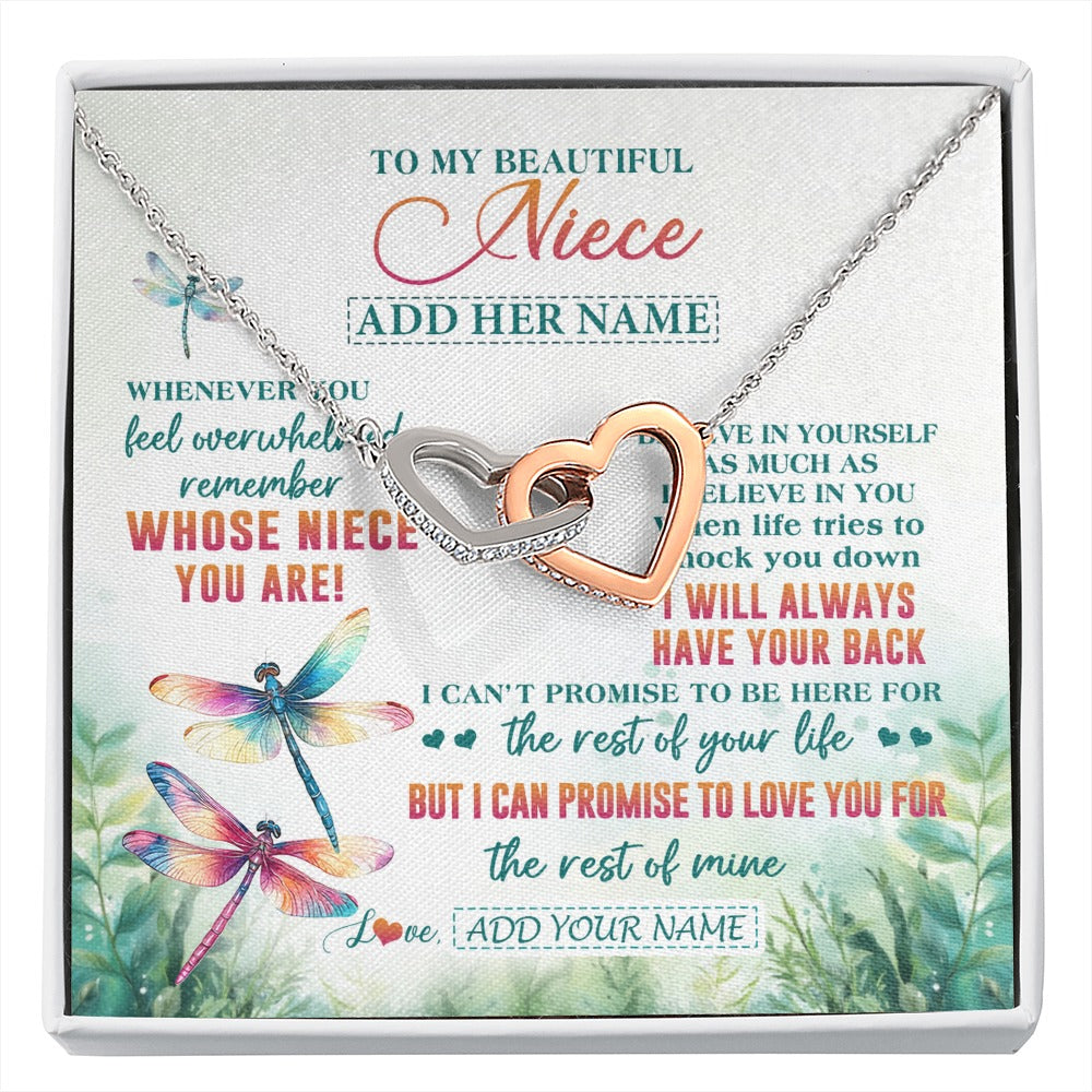 Interlocking Hearts Necklace Stainless Steel & Rose Gold Finish | 1 | Personalized To My Niece Gifts Necklace From Aunt Uncle Whenever You Feel Dragonfly Niece Birthday Gifts Graduation Christmas Custom Gift Box Message Card | https://siriusteestore.