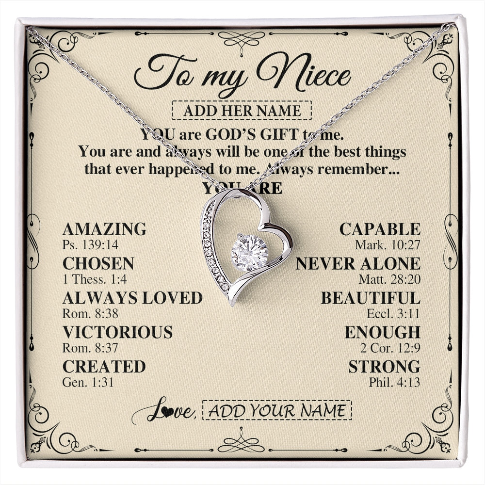 Forever Love Necklace 14K White Gold Finish | 1 | Personalized To My Niece Gifts Necklace From Aunt Uncle You Are God's Gift To Me Aunt Niece Birthday Gifts Christmas Christian Custom Gift Box Message Card | https://siriusteestore.