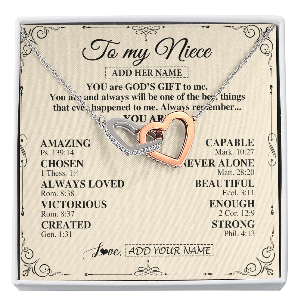 Interlocking Hearts Necklace Stainless Steel & Rose Gold Finish | 1 | Personalized To My Niece Gifts Necklace From Aunt Uncle You Are God's Gift To Me Aunt Niece Birthday Gifts Christmas Christian Custom Gift Box Message Card | https://siriusteestore.