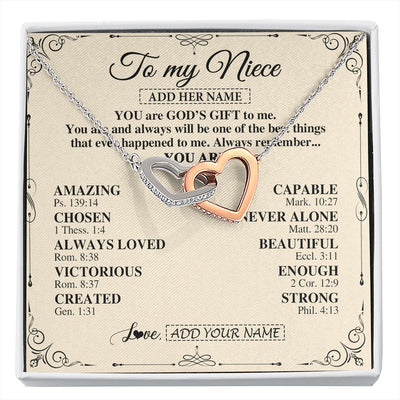 Interlocking Hearts Necklace Stainless Steel & Rose Gold Finish | 1 | Personalized To My Niece Gifts Necklace From Aunt Uncle You Are God's Gift To Me Aunt Niece Birthday Gifts Christmas Christian Custom Gift Box Message Card | https://siriusteestore.