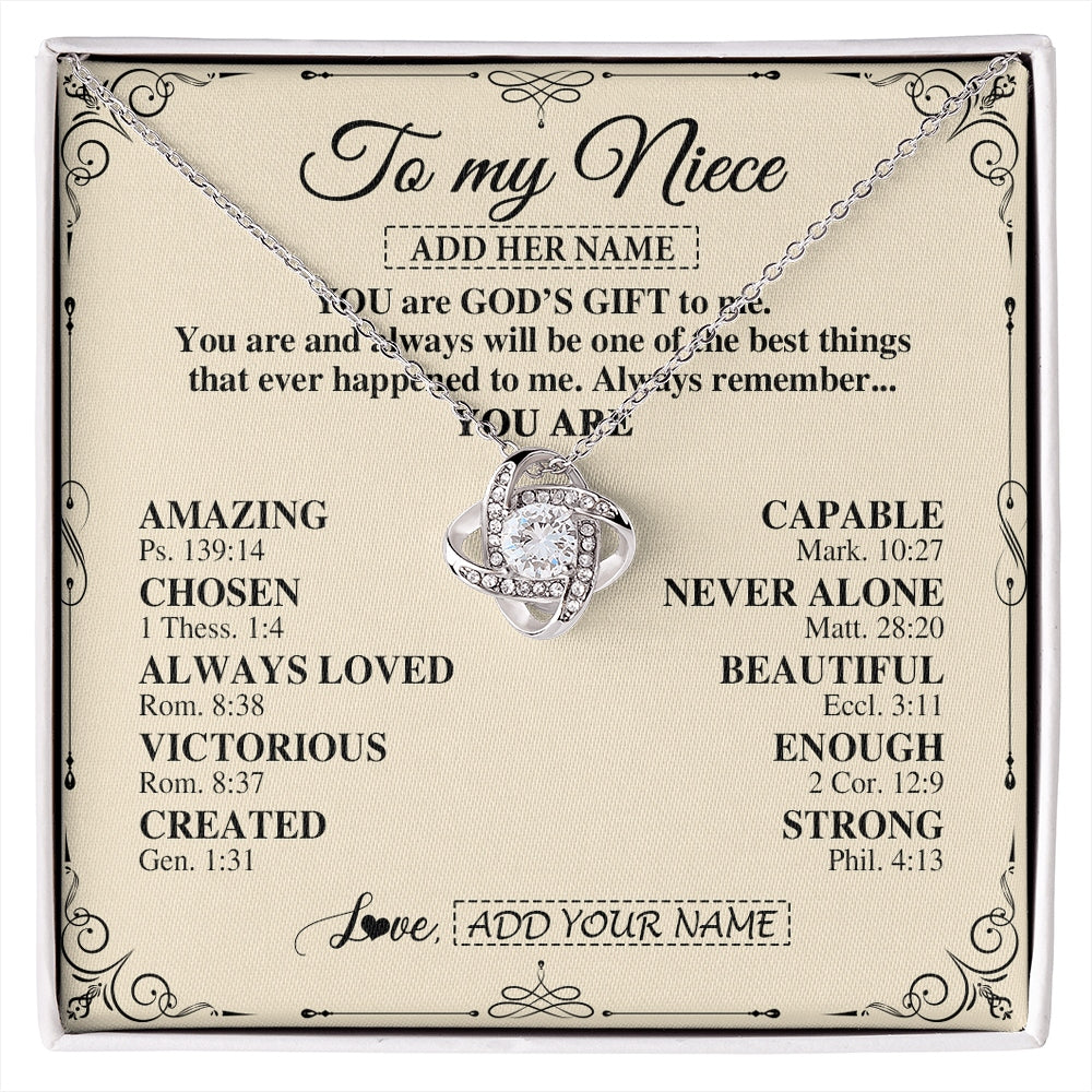 Love Knot Necklace 14K White Gold Finish | 1 | Personalized To My Niece Gifts Necklace From Aunt Uncle You Are God's Gift To Me Aunt Niece Birthday Gifts Christmas Christian Custom Gift Box Message Card | https://siriusteestore.