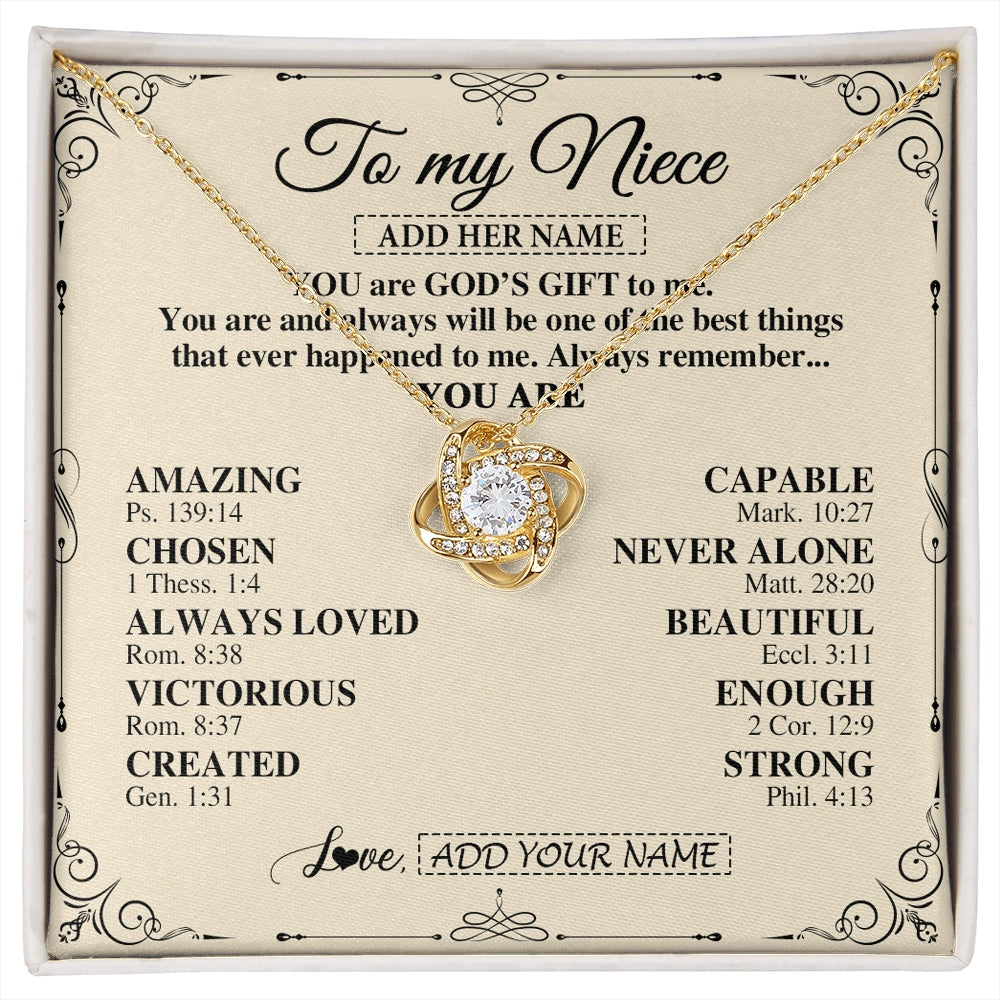 Love Knot Necklace 18K Yellow Gold Finish | 1 | Personalized To My Niece Gifts Necklace From Aunt Uncle You Are God's Gift To Me Aunt Niece Birthday Gifts Christmas Christian Custom Gift Box Message Card | https://siriusteestore.