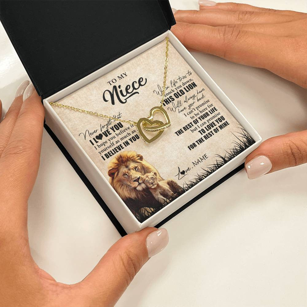 Interlocking Hearts Necklace 18K Yellow Gold Finish | Personalized To My Niece Gifts Necklace From Uncle Old Lion Niece Jewelry Birthday Gifts Graduation Christmas Customized Gift Box Message Card | siriusteestore