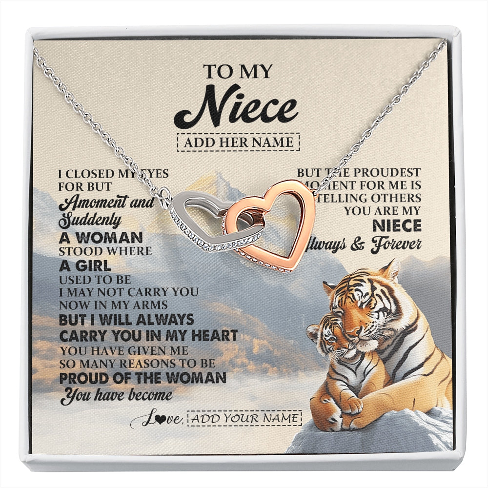 Interlocking Hearts Necklace Stainless Steel & Rose Gold Finish | 1 | Personalized To My Niece Gifts Necklace Tiger From Aunt Uncle Auntie You Are My Niece Birthday Gifts Graduation Christmas Custom Gift Box Message Card | https://siriusteestore.