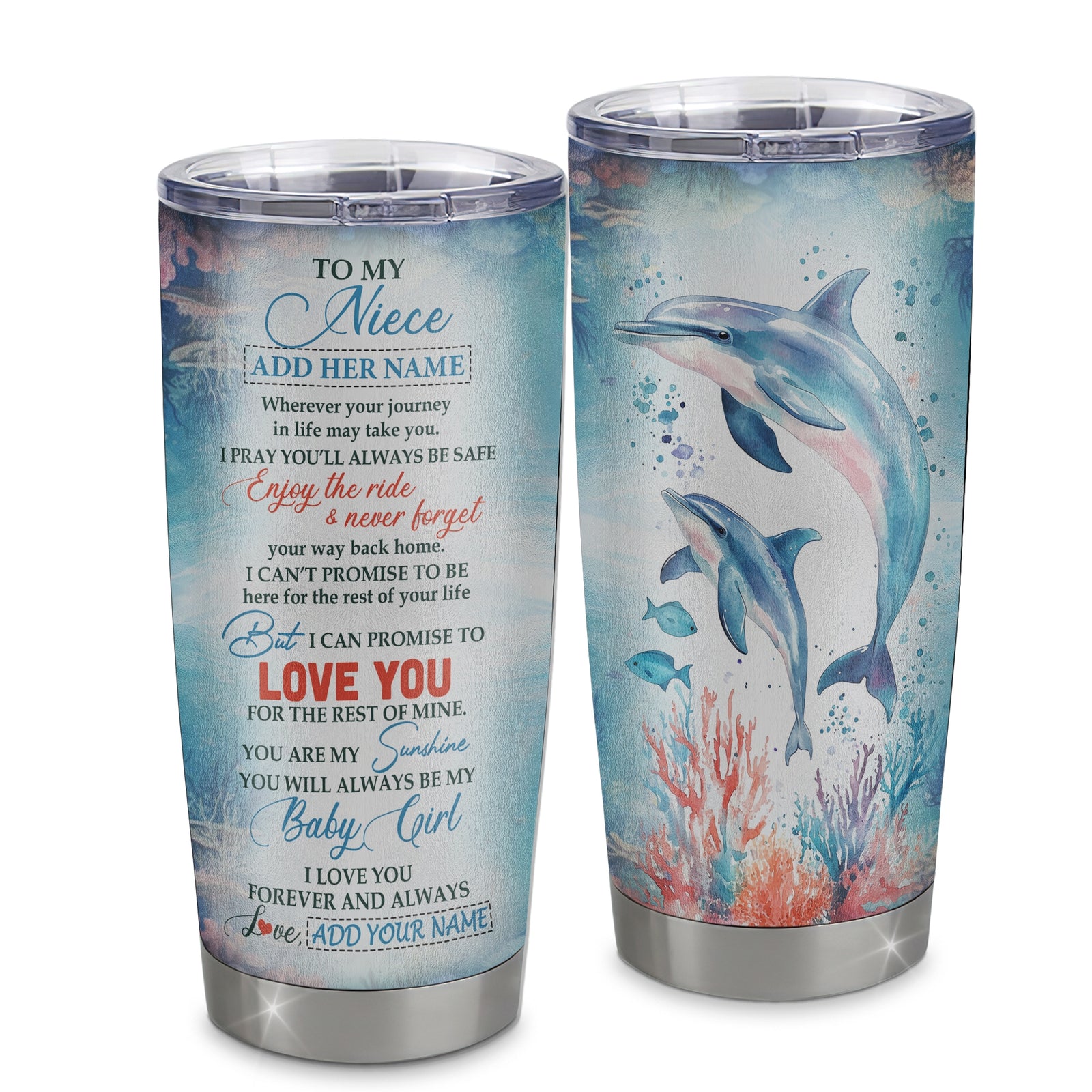 Personalized To My Niece Gifts Tumbler Dolphin From Aunt Uncle My Sunshine Baby Girl Niece Birthday Gift Christmas Graduation Customized Stainless Steel Insulated Mug | siriusteestore