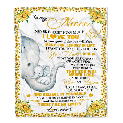Personalized To My Niece I Love You From Aunt Auntie Uncle Sunflower Elephant Niece Birthday Christmas Thanksgiving Graduation Customized Fleece Blanket | siriusteestore