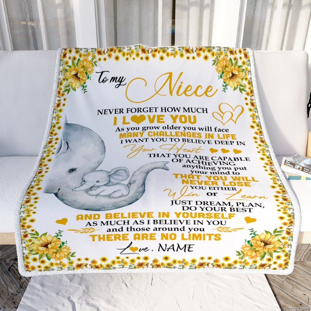 Personalized To My Niece I Love You From Aunt Auntie Uncle Sunflower Elephant Niece Birthday Christmas Thanksgiving Graduation Customized Fleece Blanket | siriusteestore