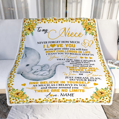 Personalized To My Niece I Love You From Aunt Auntie Uncle Sunflower Elephant Niece Birthday Christmas Thanksgiving Graduation Customized Fleece Blanket | siriusteestore