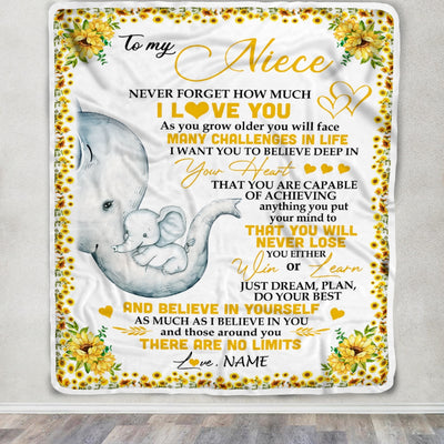 Personalized To My Niece I Love You From Aunt Auntie Uncle Sunflower Elephant Niece Birthday Christmas Thanksgiving Graduation Customized Fleece Blanket | siriusteestore