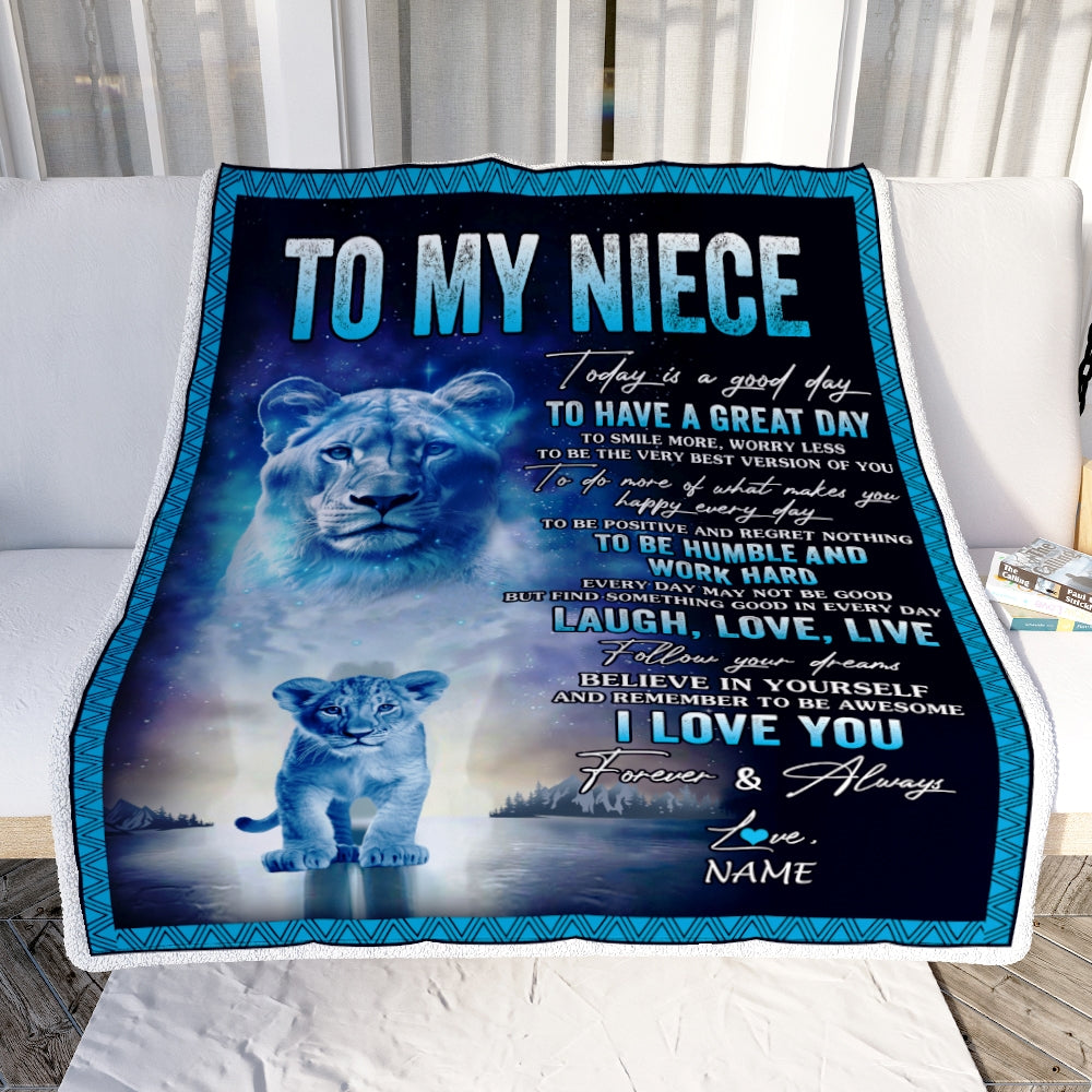 Personalized To My Niece Lion Blanket From Aunt Auntie Every Day Laugh Love Live Niece Birthday Graduation Christmas Customized Bed Fleece Throw Blanket | siriusteestore