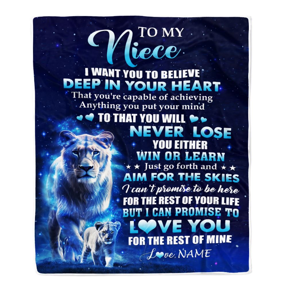 Personalized To My Niece Lion From Aunt Auntie Blanket Believe Your Heart Niece Gift Birthday Graduation Christmas Custom Customized Fleece Throw Blanket | siriusteestore
