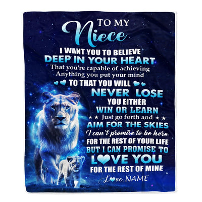Personalized To My Niece Lion From Aunt Auntie Blanket Believe Your Heart Niece Gift Birthday Graduation Christmas Custom Customized Fleece Throw Blanket | siriusteestore