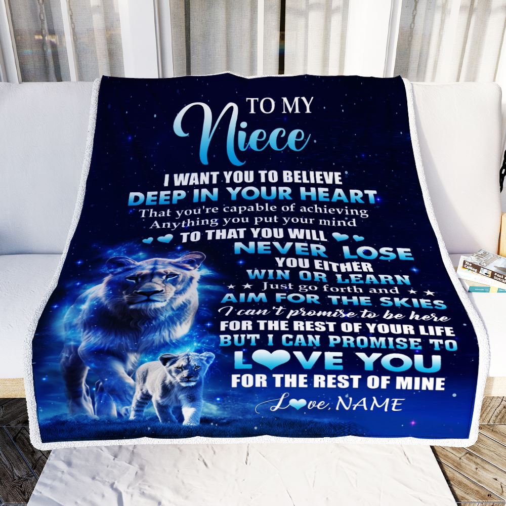 Personalized To My Niece Lion From Aunt Auntie Blanket Believe Your Heart Niece Gift Birthday Graduation Christmas Custom Customized Fleece Throw Blanket | siriusteestore