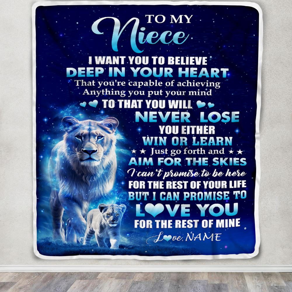 Personalized To My Niece Lion From Aunt Auntie Blanket Believe Your Heart Niece Gift Birthday Graduation Christmas Custom Customized Fleece Throw Blanket | siriusteestore