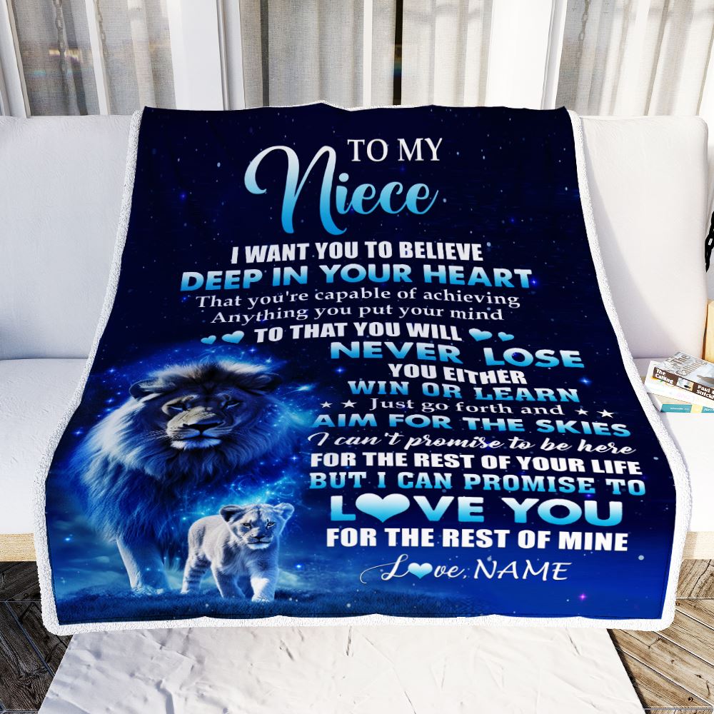 Personalized To My Niece Lion From Uncle Blanket Believe Your Heart Niece Gift Birthday Graduation Christmas Custom Customized Fleece Throw Blanket | siriusteestore