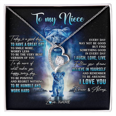 Forever Love Necklace 14K White Gold Finish | 1 | Personalized To My Niece Lion Necklace From Aunt Auntie Every Day Laugh Love Live Niece Birthday Graduation Christmas Customized Gift Box Message Card | siriusteestore