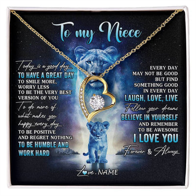 Forever Love Necklace 18K Yellow Gold Finish | 1 | Personalized To My Niece Lion Necklace From Aunt Auntie Every Day Laugh Love Live Niece Birthday Graduation Christmas Customized Gift Box Message Card | siriusteestore