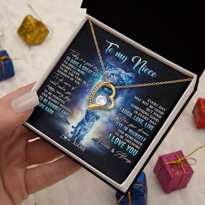 Forever Love Necklace 18K Yellow Gold Finish | 2 | Personalized To My Niece Lion Necklace From Aunt Auntie Every Day Laugh Love Live Niece Birthday Graduation Christmas Customized Gift Box Message Card | siriusteestore