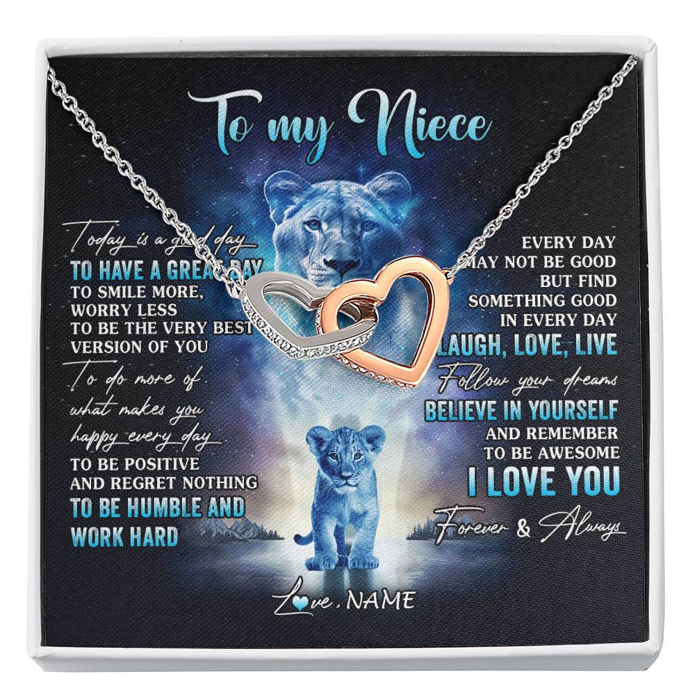 Interlocking Hearts Necklace Stainless Steel & Rose Gold Finish | 1 | Personalized To My Niece Lion Necklace From Aunt Auntie Every Day Laugh Love Live Niece Birthday Graduation Christmas Customized Gift Box Message Card | siriusteestore