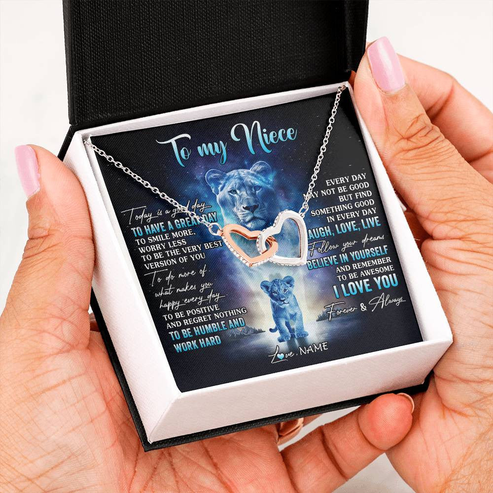 Interlocking Hearts Necklace Stainless Steel & Rose Gold Finish | 2 | Personalized To My Niece Lion Necklace From Aunt Auntie Every Day Laugh Love Live Niece Birthday Graduation Christmas Customized Gift Box Message Card | siriusteestore