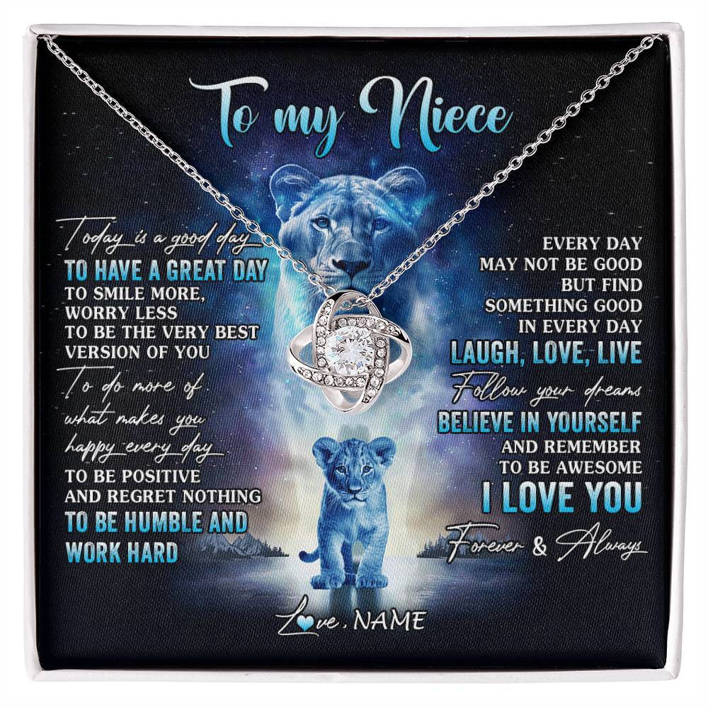 Love Knot Necklace 14K White Gold Finish | 1 | Personalized To My Niece Lion Necklace From Aunt Auntie Every Day Laugh Love Live Niece Birthday Graduation Christmas Customized Gift Box Message Card | siriusteestore
