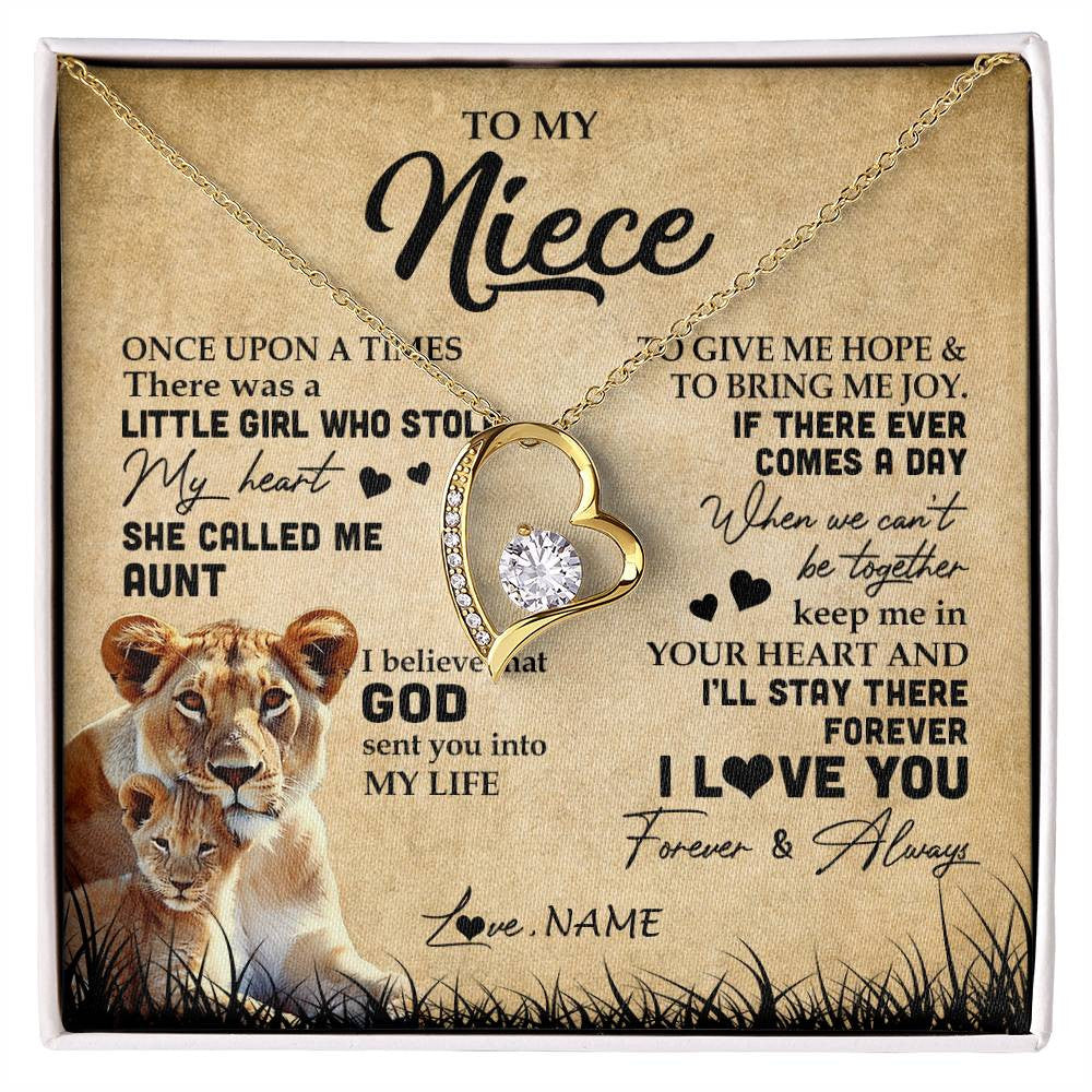 Forever Love Necklace 18K Yellow Gold Finish | Personalized To My Niece Lion Necklace From Aunt Auntie I'll Stay There Forever Niece Birthday Graduation Christmas Customized Gift Box Message Card | siriusteestore