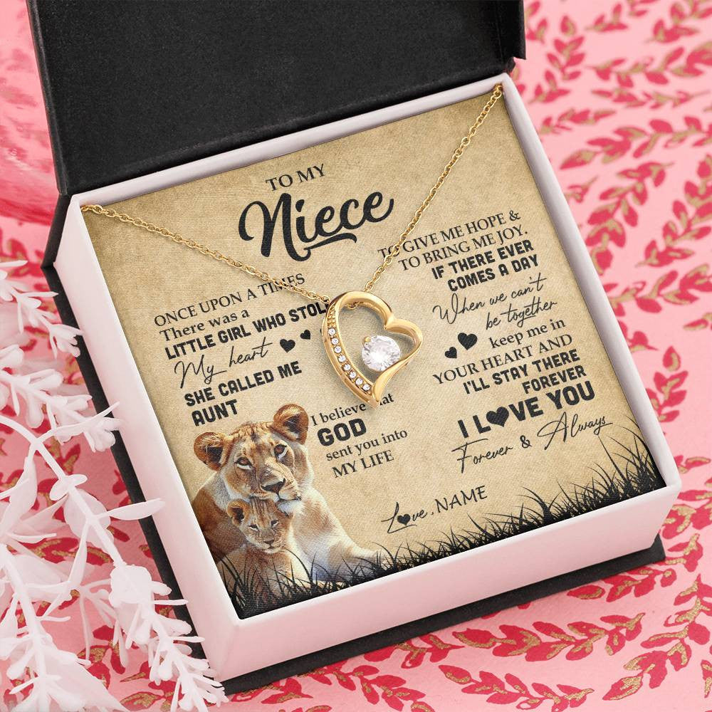 Forever Love Necklace 18K Yellow Gold Finish | Personalized To My Niece Lion Necklace From Aunt Auntie I'll Stay There Forever Niece Birthday Graduation Christmas Customized Gift Box Message Card | siriusteestore
