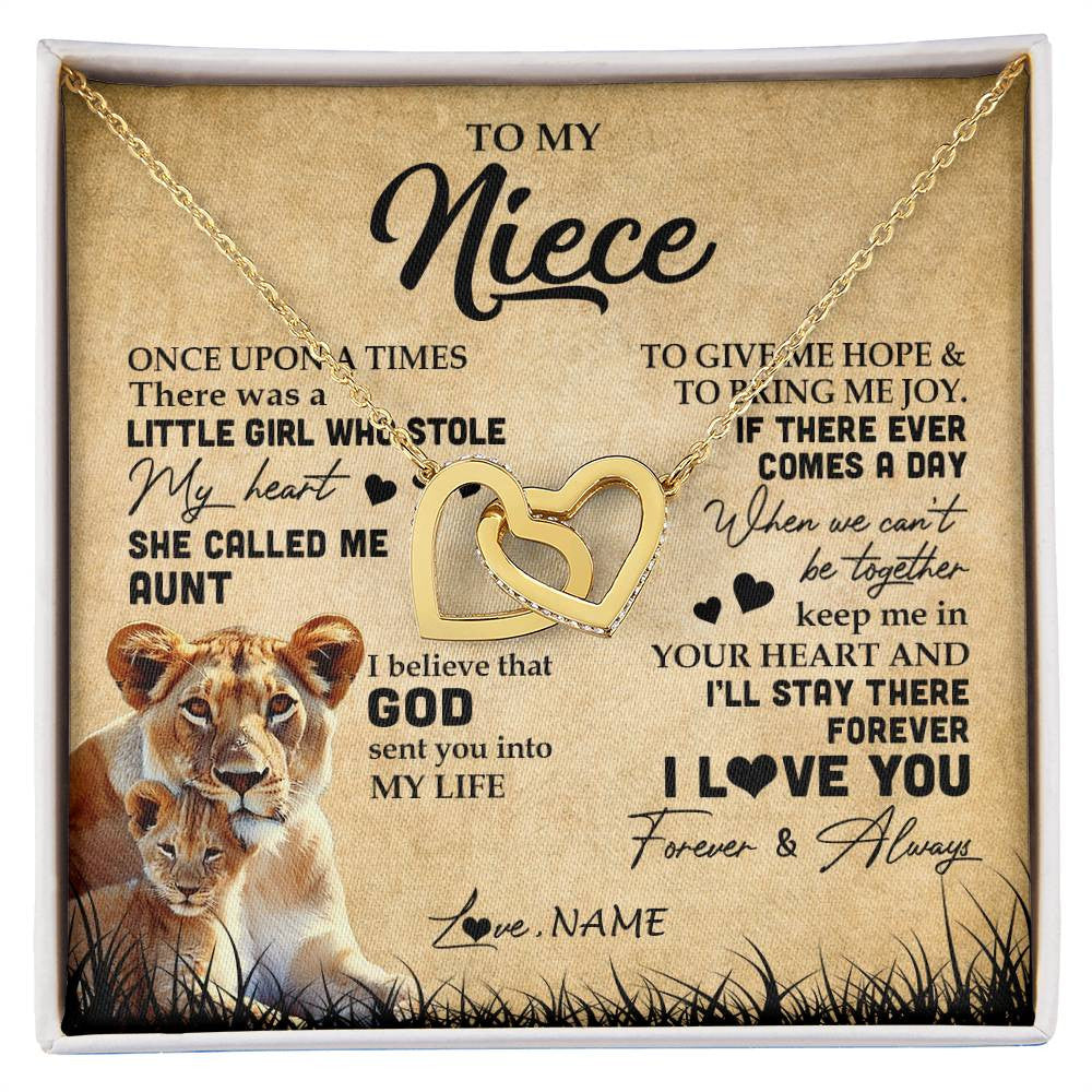 Interlocking Hearts Necklace 18K Yellow Gold Finish | Personalized To My Niece Lion Necklace From Aunt Auntie I'll Stay There Forever Niece Birthday Graduation Christmas Customized Gift Box Message Card | siriusteestore