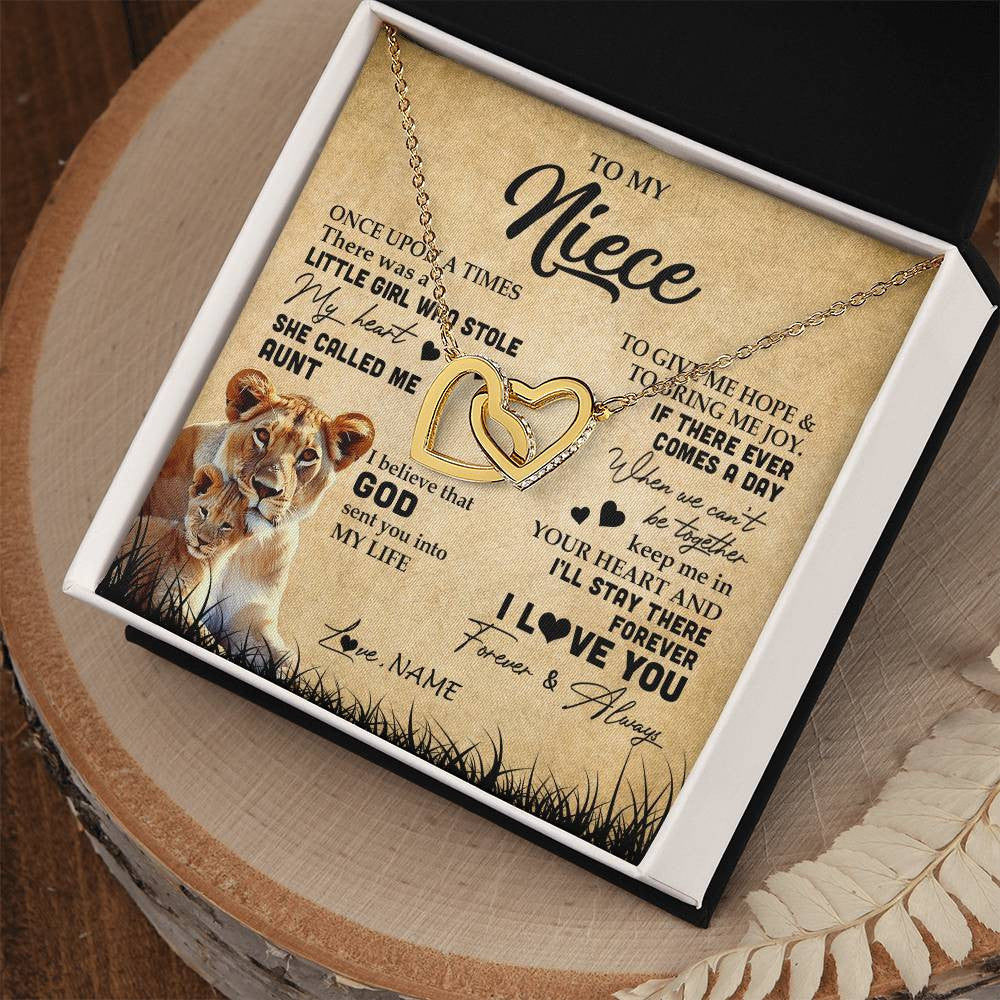 Interlocking Hearts Necklace 18K Yellow Gold Finish | Personalized To My Niece Lion Necklace From Aunt Auntie I'll Stay There Forever Niece Birthday Graduation Christmas Customized Gift Box Message Card | siriusteestore