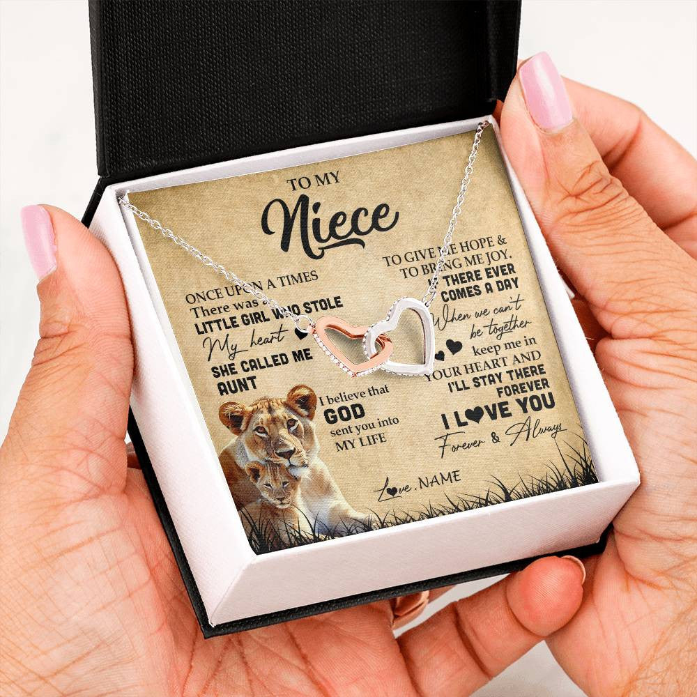 Interlocking Hearts Necklace | Personalized To My Niece Lion Necklace From Aunt Auntie I'll Stay There Forever Niece Birthday Graduation Christmas Customized Gift Box Message Card | siriusteestore