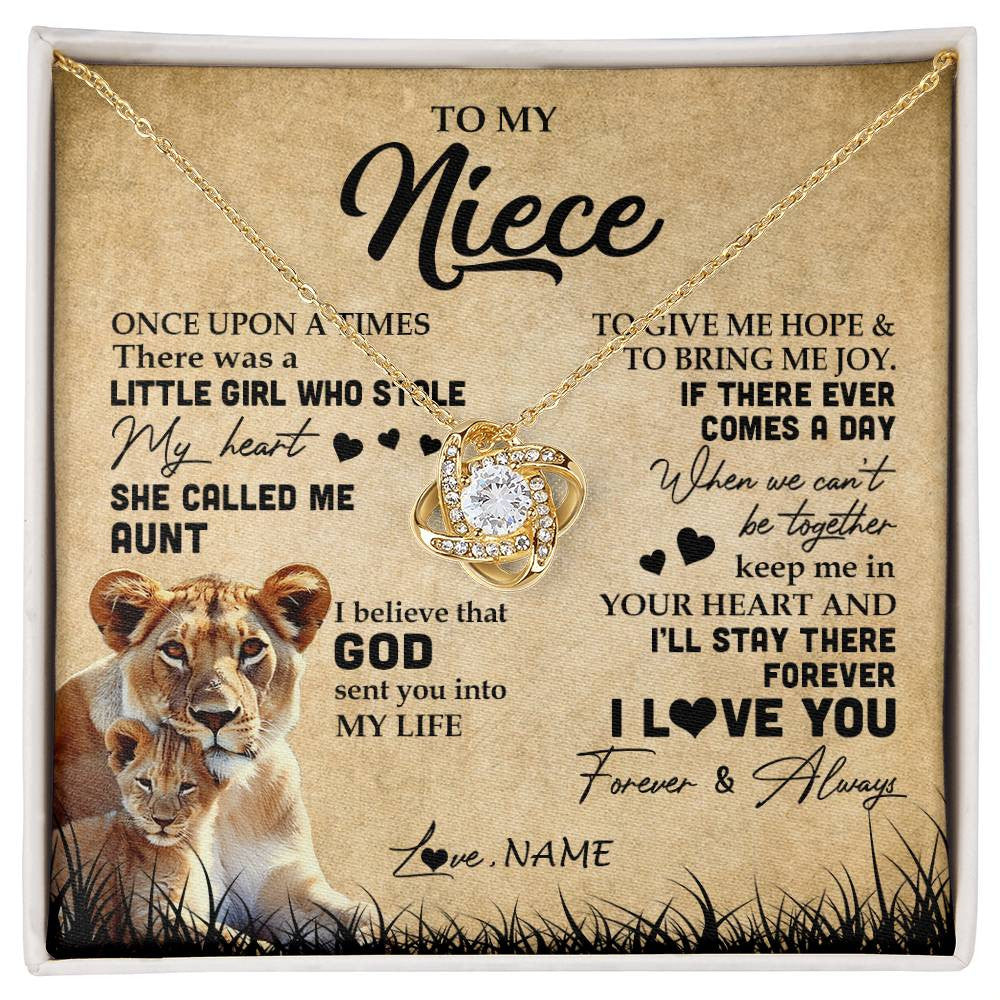 Love Knot Necklace 18K Yellow Gold Finish | Personalized To My Niece Lion Necklace From Aunt Auntie I'll Stay There Forever Niece Birthday Graduation Christmas Customized Gift Box Message Card | siriusteestore